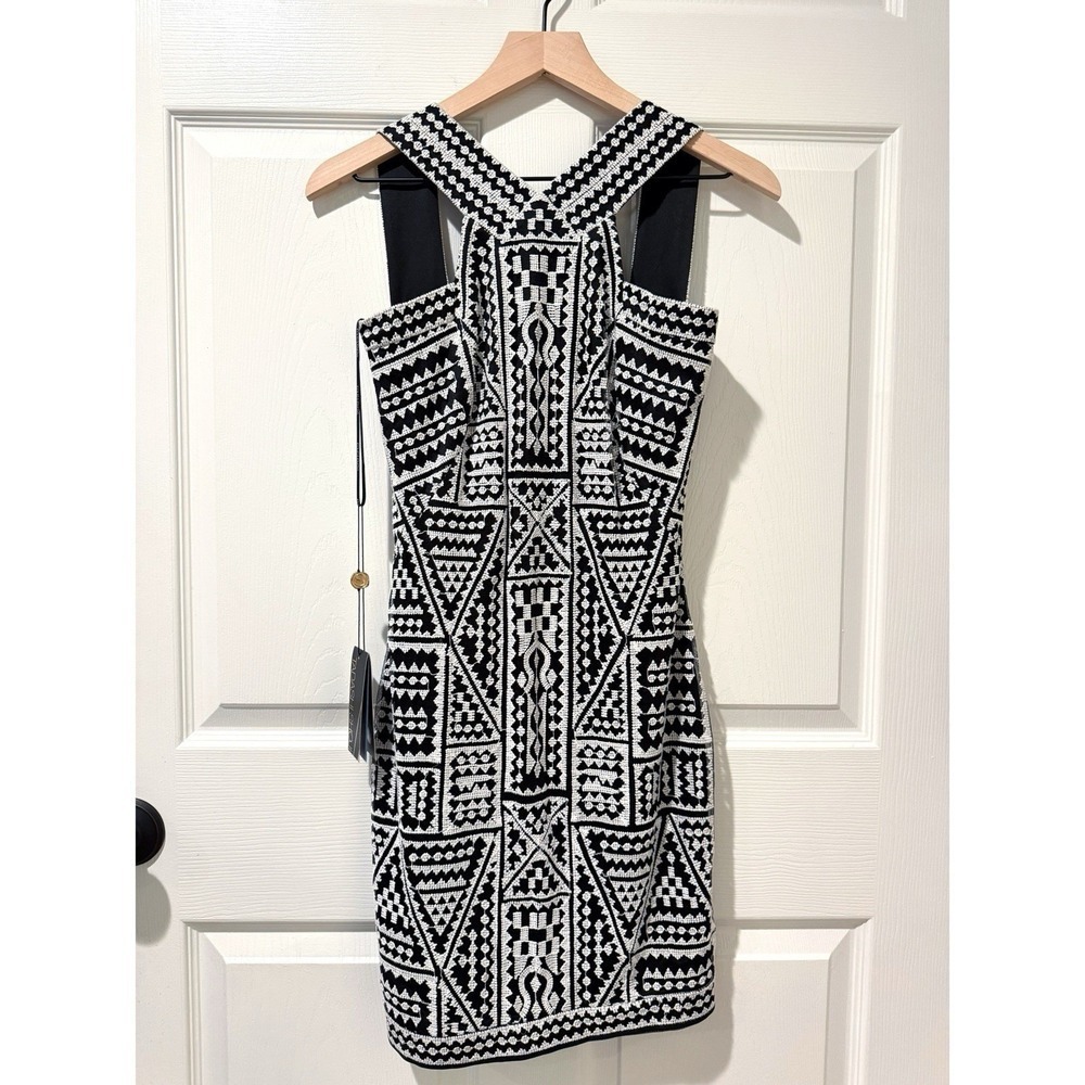 NWT Tadashi Shoji Regina Mini Dress 0 Black‎ White Embroidered Art Sleeveless